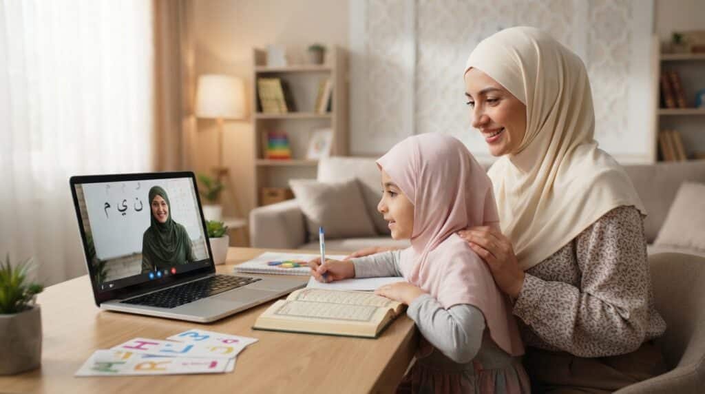 Female Quran teacher teaching a kid online