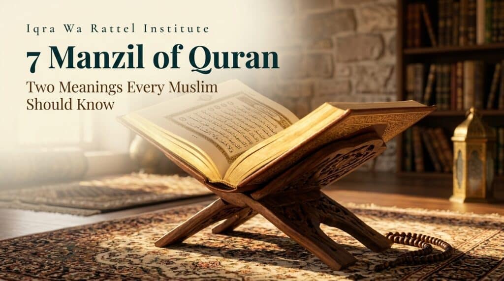 Open Quran mushaf on a wooden stand with soft golden morning light, representing the 7 Manzil of Quran weekly recitation guide