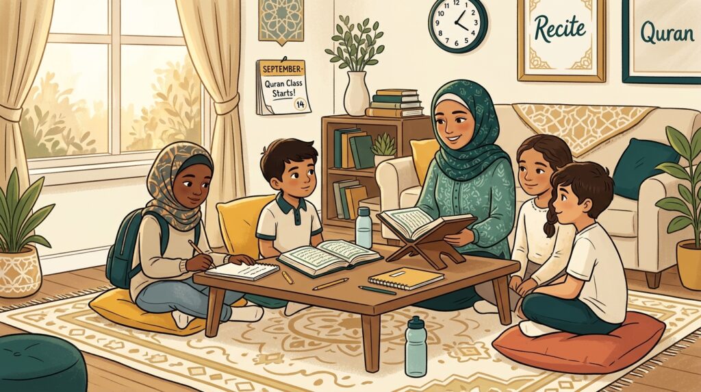Diverse Muslim children and parent studying Quran together during back-to-school season