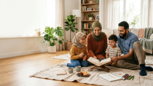 Muslim family enjoying a relaxed weekend Quran activity together at home.