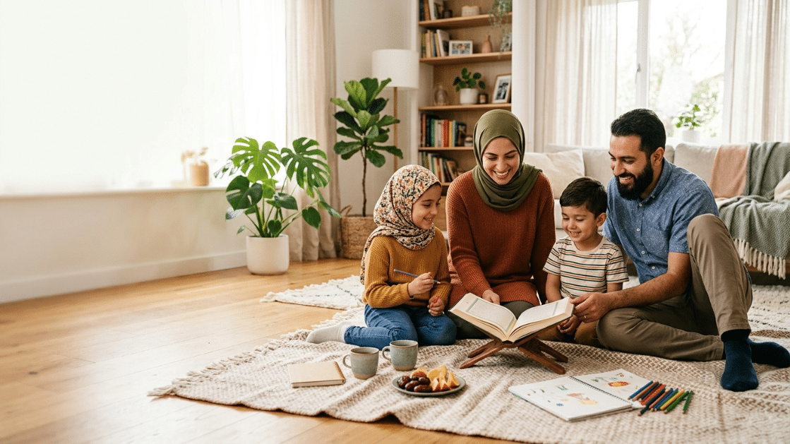 Muslim family enjoying a relaxed weekend Quran activity together at home.